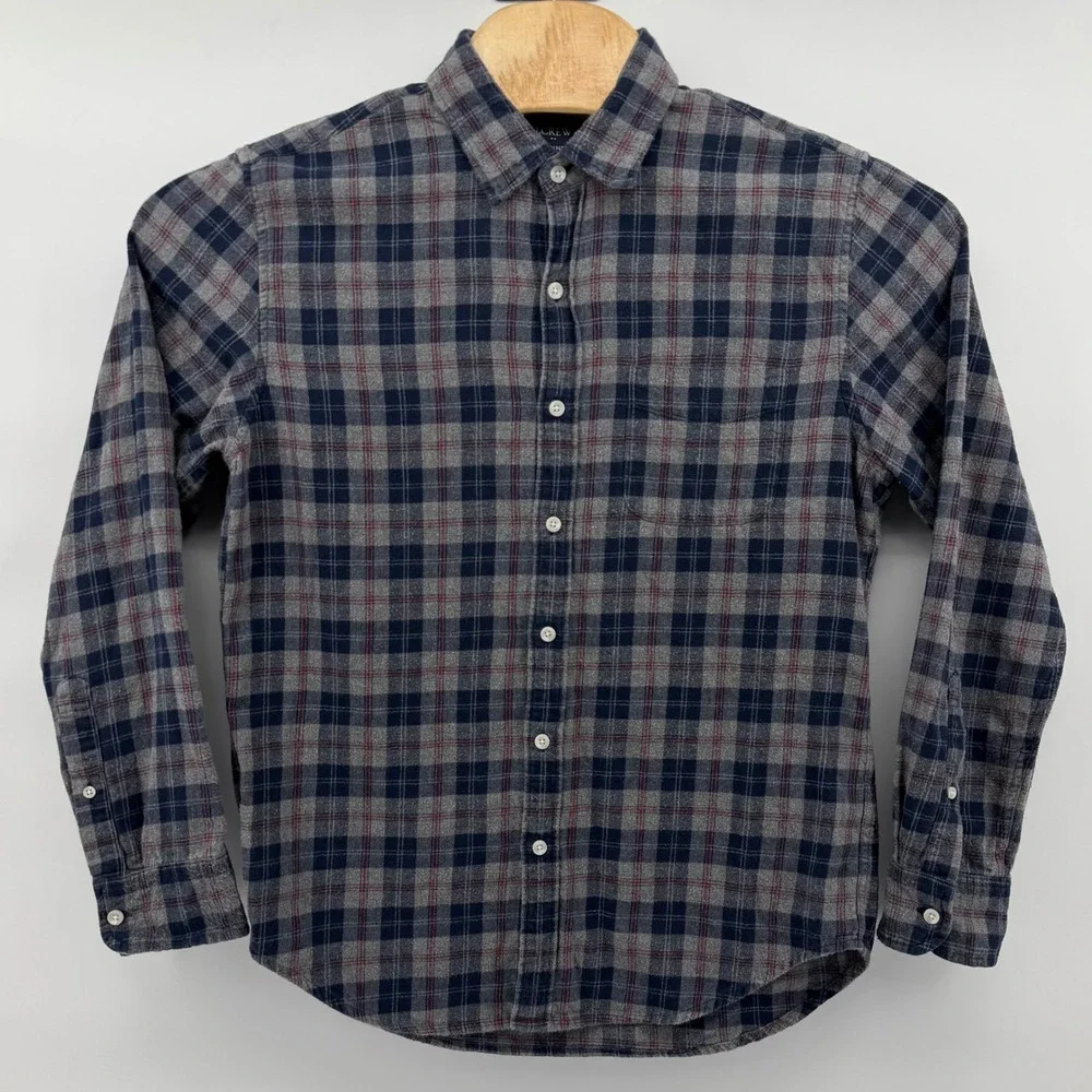 J Crew Classic Flannel Plaid Button Down Shirt‎ Mens Medium Blue Gray Red